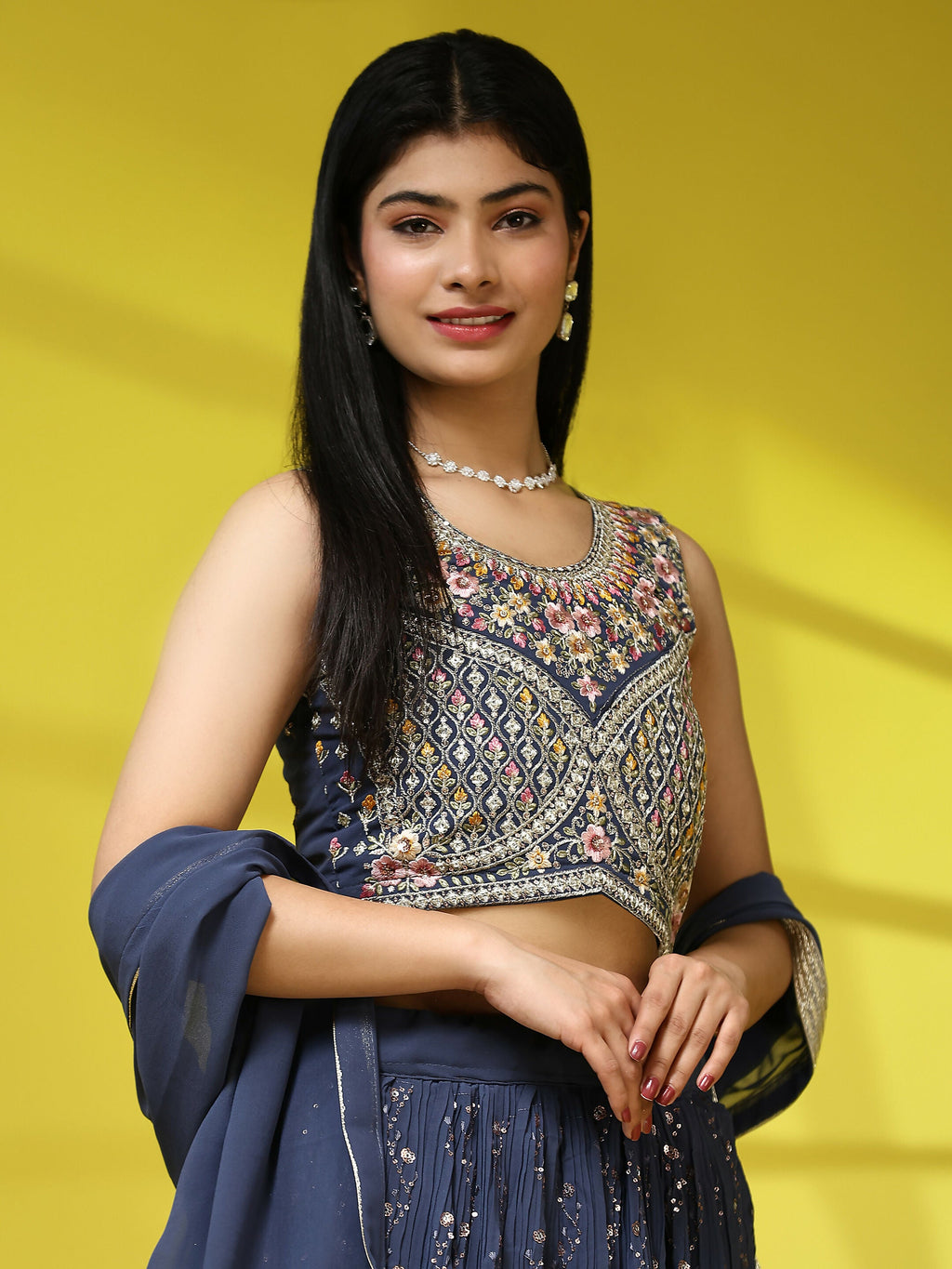 Dark Grey Georgette Embroidered Lehenga choli with Dupatta - Dhara
