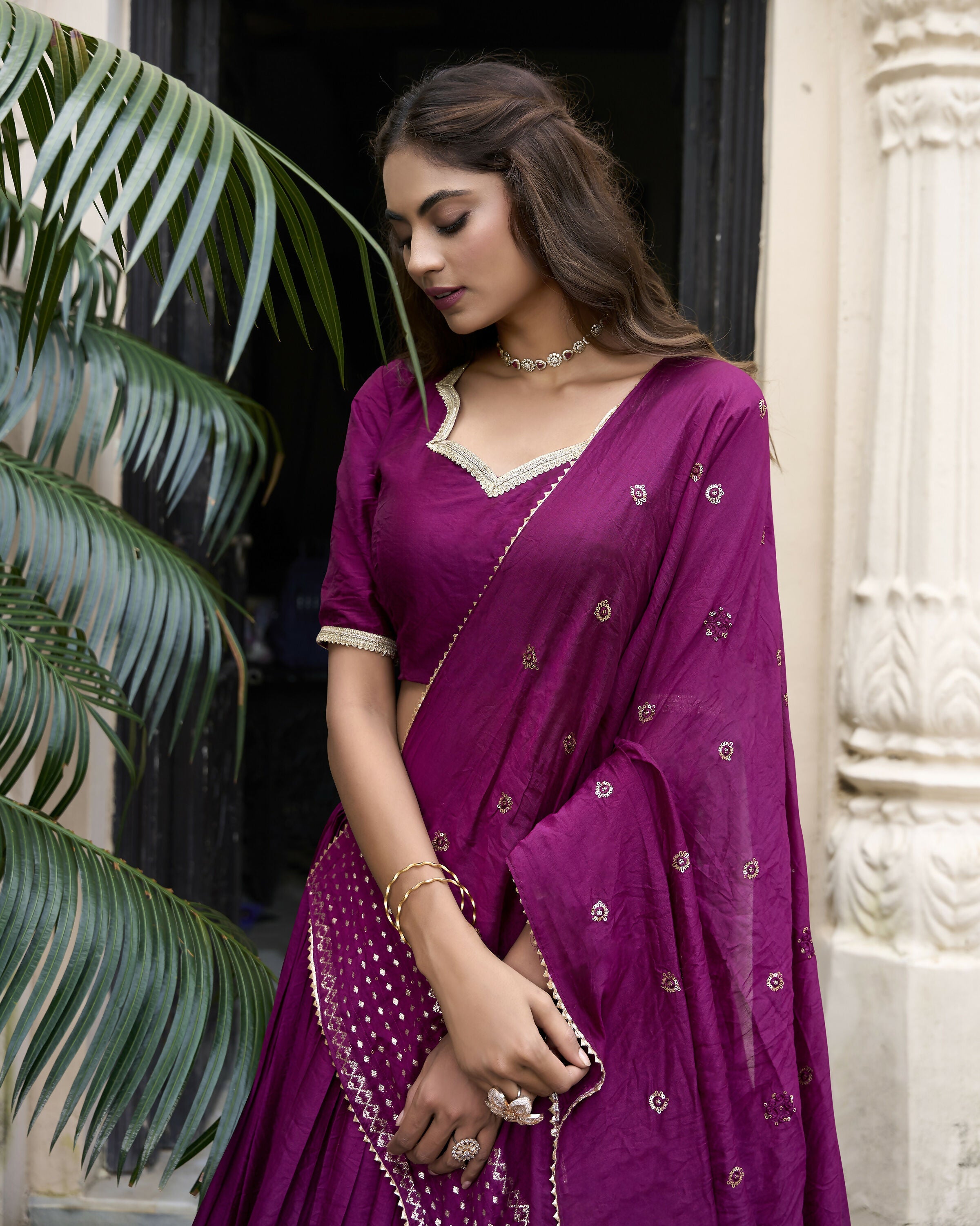 Lorenvalley Wine Pure Chanderi Plain With Zari Weaving Work Border Lehenga Choli