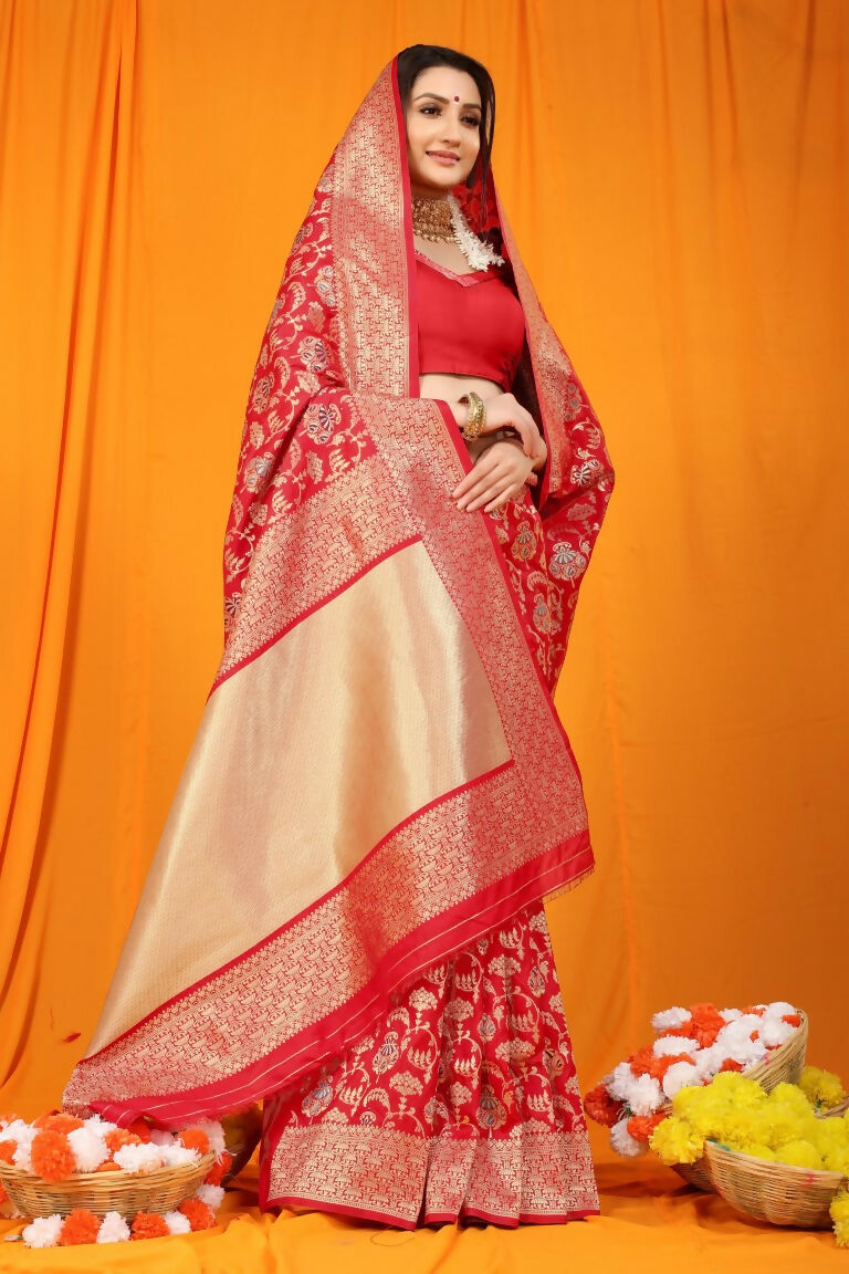 Jyoti Fashion Women's Maroon Kanjivaram Silk Zari Woven Saree with Blouse - Distacart