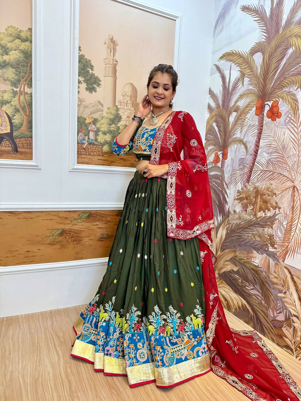 Teeya Creation Green Colour Rayon Silk Embroidery Work Fully Stitched Navratri Lehenga
