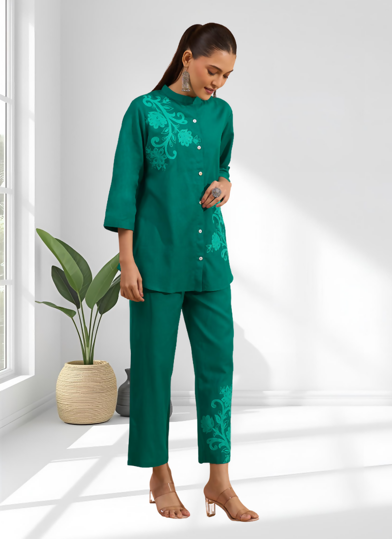 Joban Fashion Green Cotton, Linen Embroidered Readymade Cord Set - Distacart