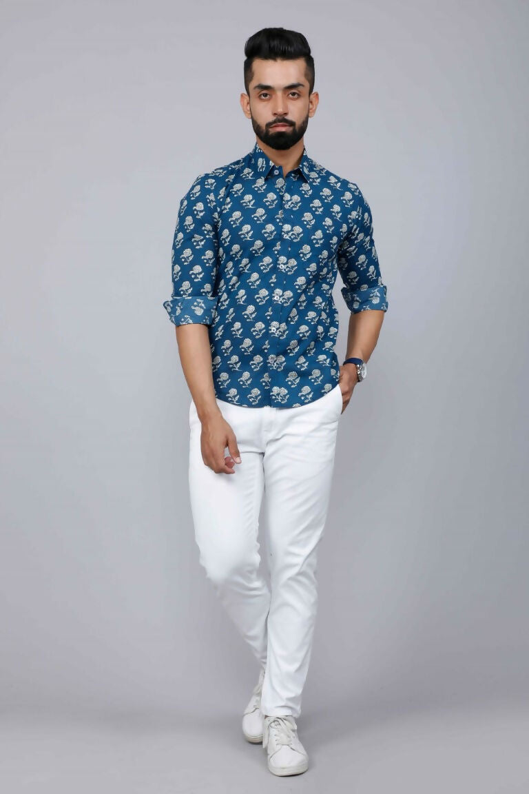 Miravan Men's Blue Spread Collar Floral Print Casual Shirt