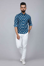 Miravan Men's Blue Spread Collar Floral Print Casual Shirt