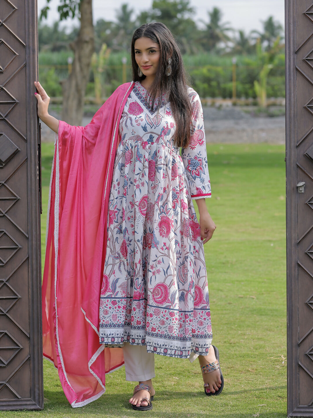 The52 Women's Beautiful Rayon Fabric Printed Work Flared Kurta Pant and Dupatta Set - Distacart