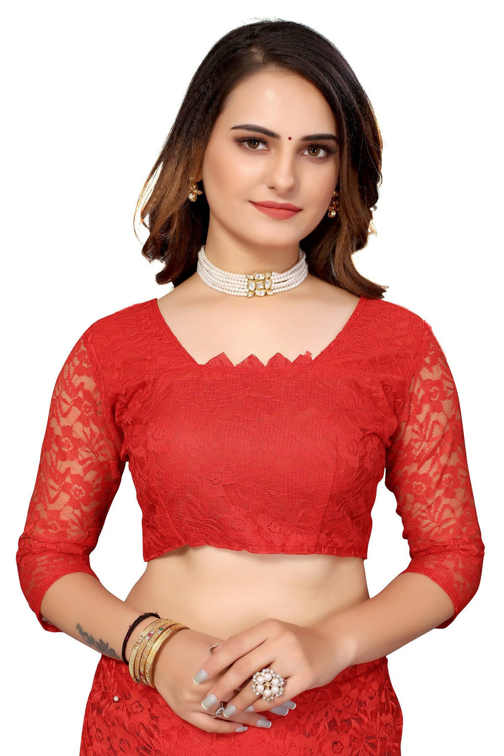 Vamika Ethnic Fire Red Pearls Net Saree - Distacart