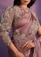 Pyaji Crepe Satin Silk Embroidered Saree With Stitched Blouse - Mohmanthan Exotica