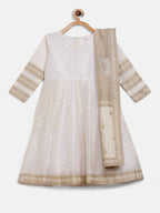 Ahalyaa Off White Chanderi Anarkali Kids Kurta With Dupatta For Girls