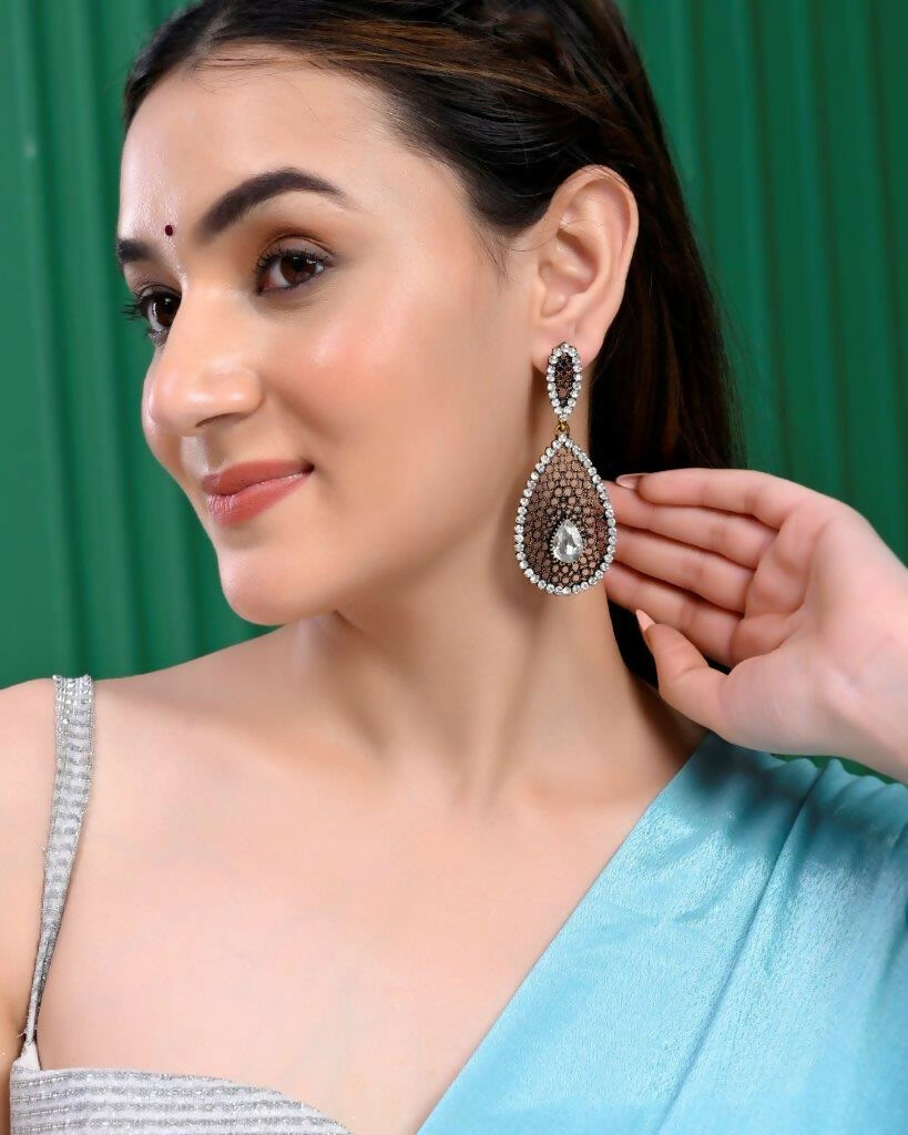 VOJ Set Of 2 Earrings- Blue Printed Jhumka With Black AD Studded Drop Earrings - Distacart