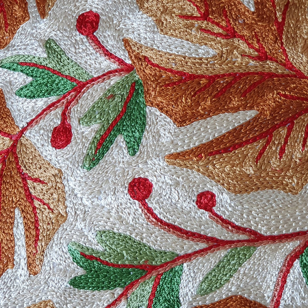 The Decor Nook Hand Embroidered Crewel Cushion Covers in Mustard Chinar Leaf Motif
