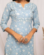 FIORRA Women's Floral Printed Sky Blue Cotton Straight Kurta