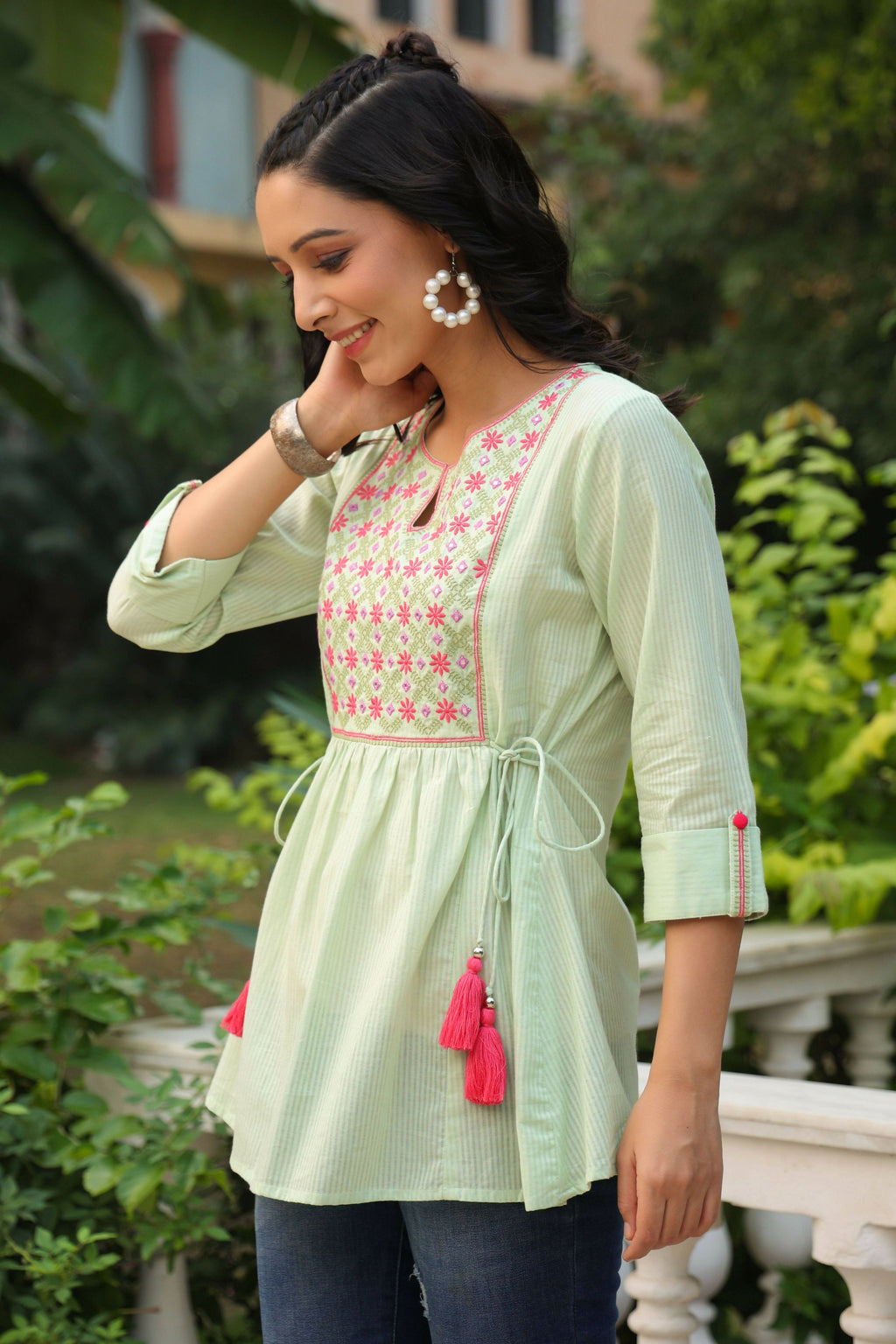Juniper Women's Green Cotton Dobby Solid Embroidered Straight Tunic - Distacart