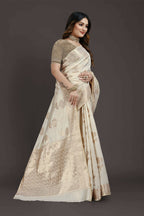 Off White Pure Raw Silk Zari Woven Saree with Unstitched Blouse Piece - Alisha