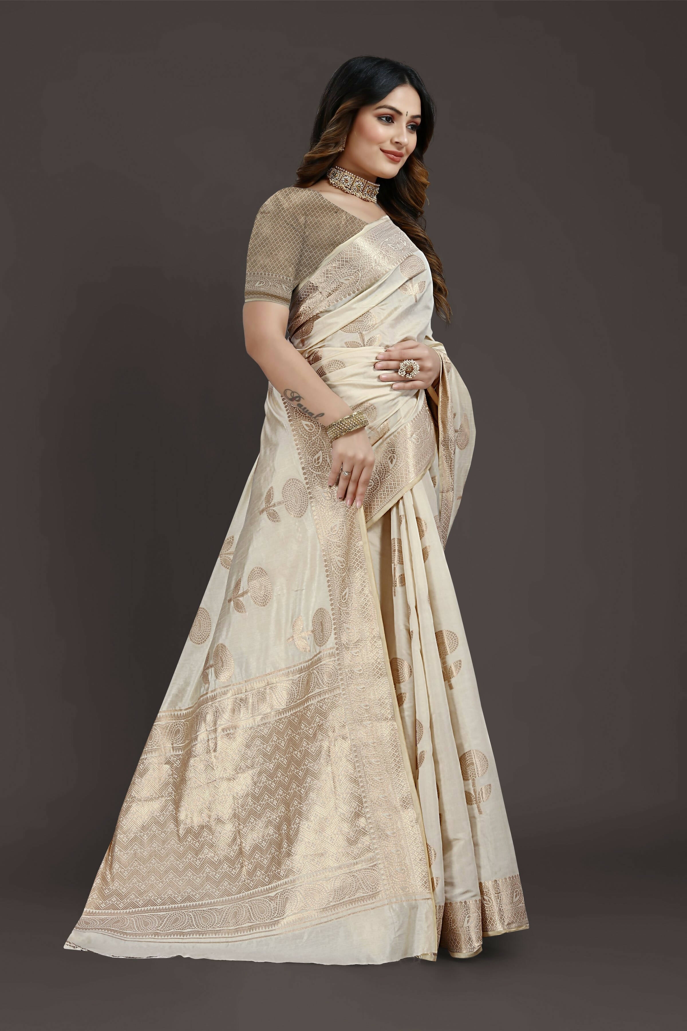 Off White Pure Raw Silk Zari Woven Saree with Unstitched Blouse Piece - Alisha