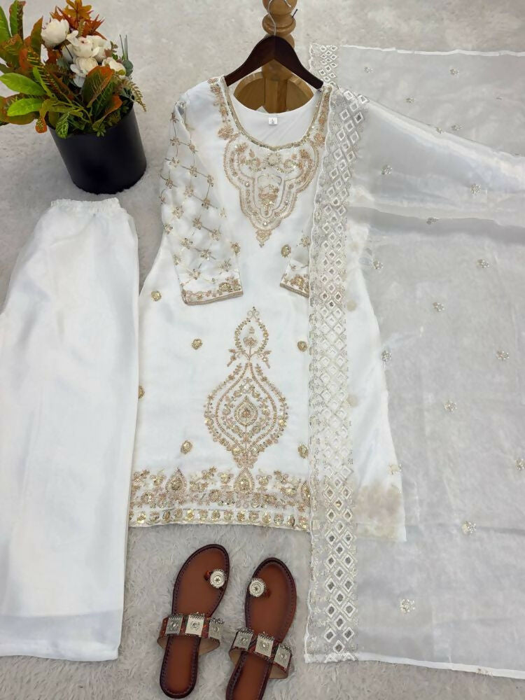Teeya Creation White Color Gimmychu Silk Embroidery Work Wedding Wear Salwar Suit - Distacart