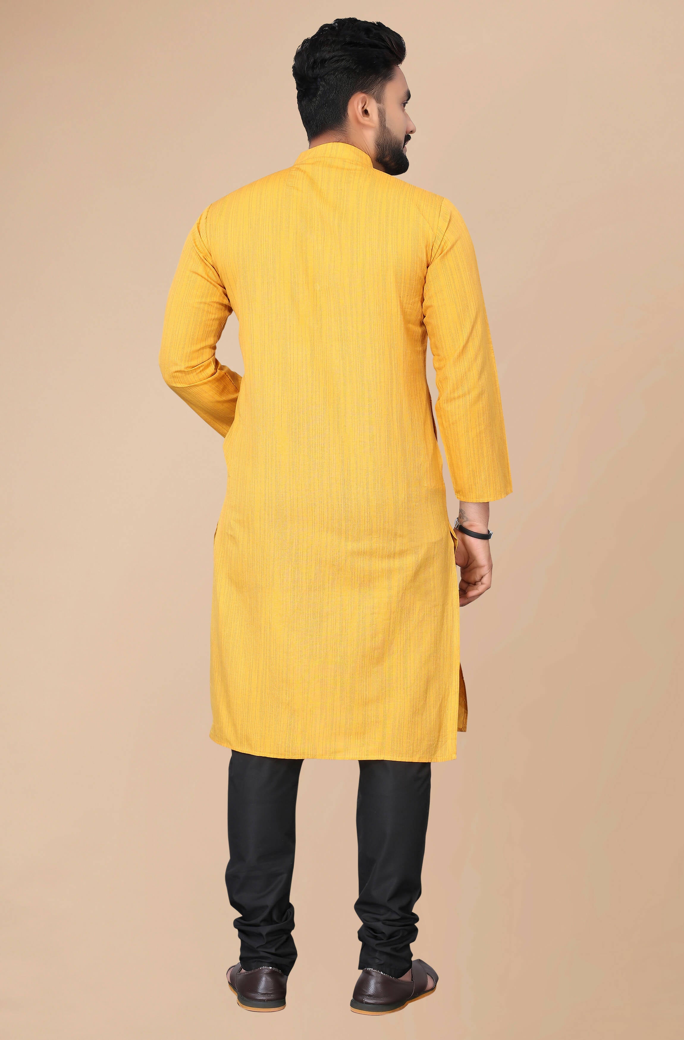 Men's Mustard Striped Cotton Kurta - Mahotsav