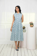 Myshka Women Blue Ethnic Motifs Cotton A-Line Mandarin Collar Dress - Distacart
