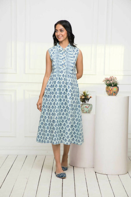 Myshka Women Blue Ethnic Motifs Cotton A-Line Mandarin Collar Dress