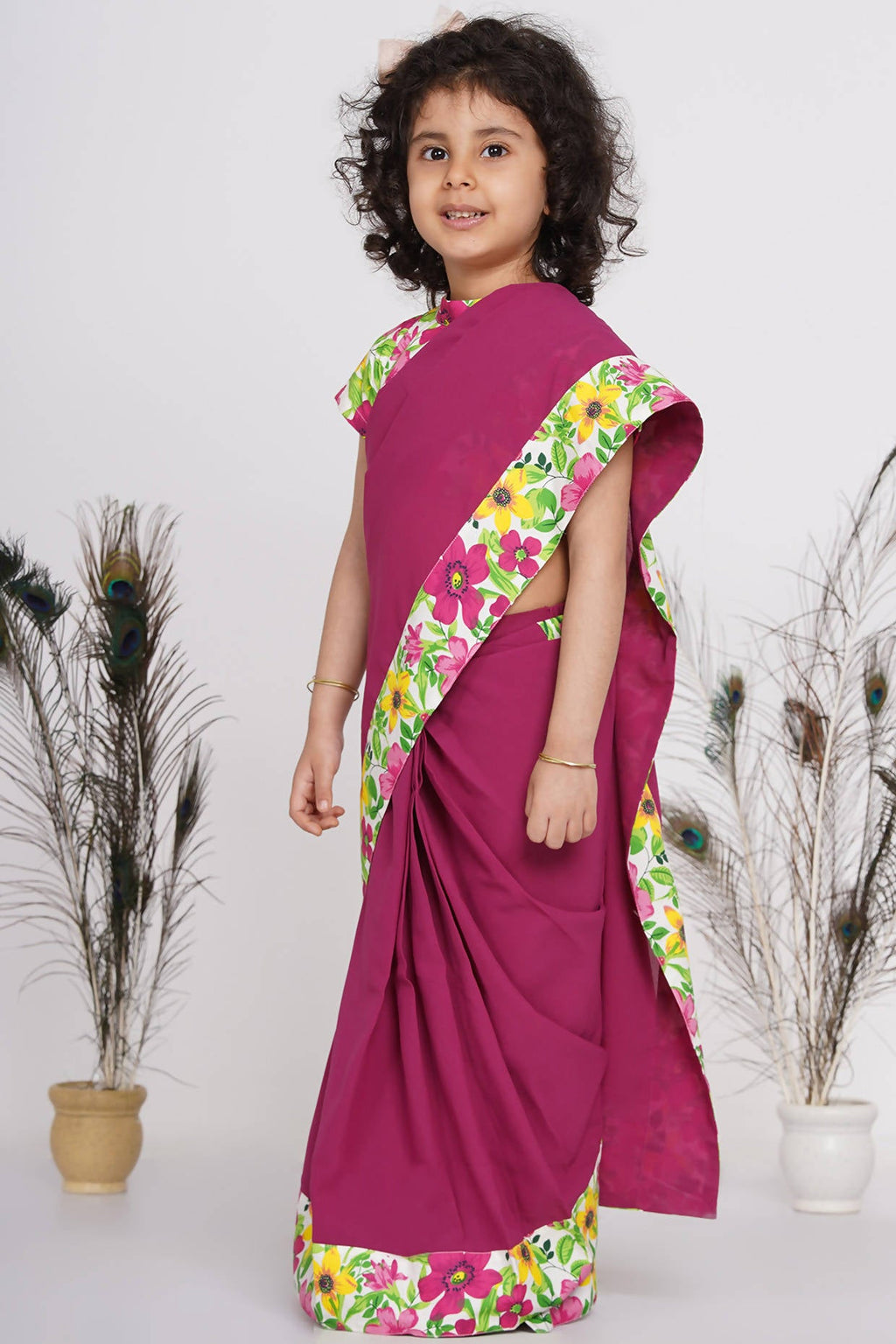 Little Bansi Girls Floral Print Ready to Wear Saree and Floral Blouse - Magenta