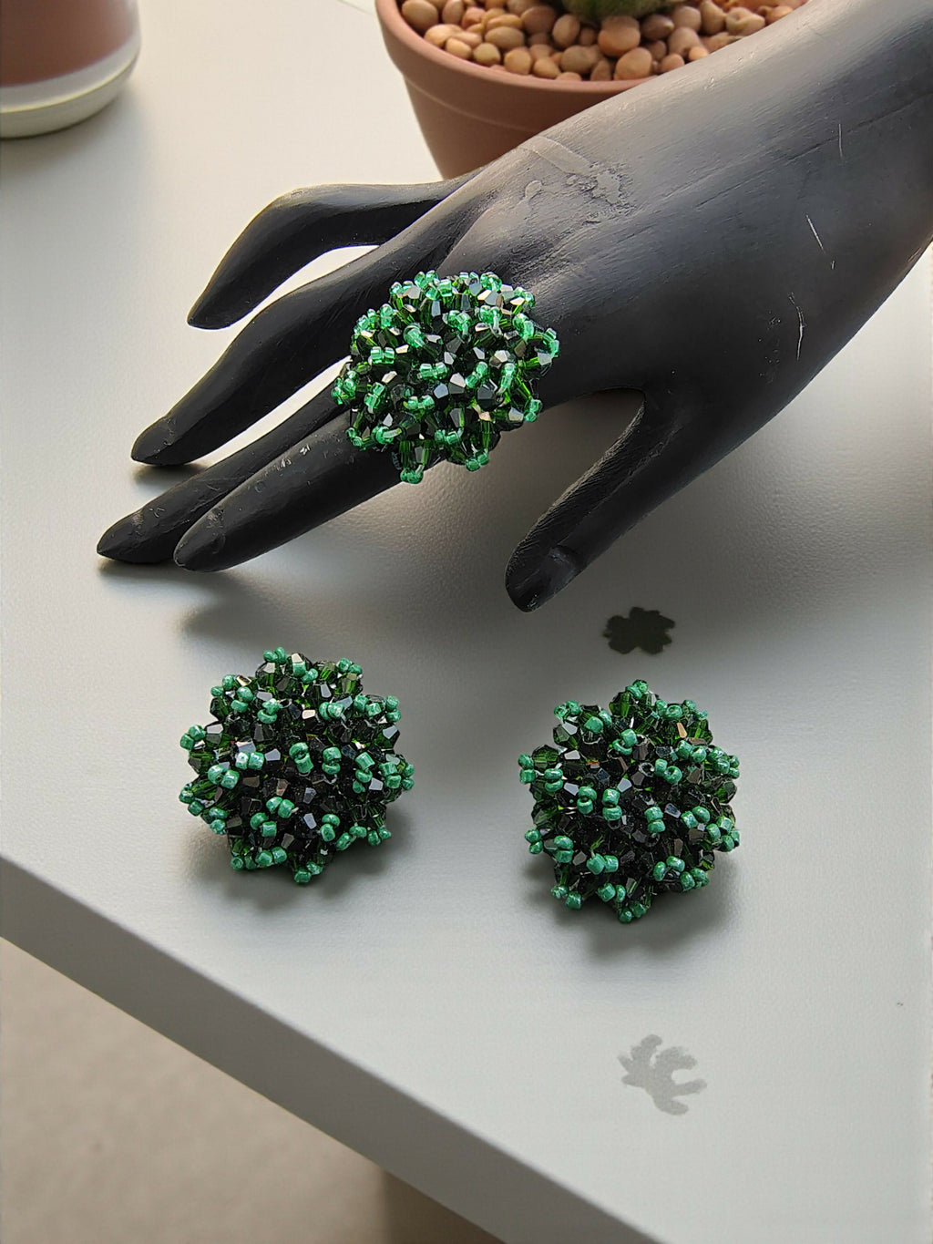 Inhanns Rangmani Crystal Duo – Adjustable Ring + Statement Earrings Set - Dark Green - Distacart