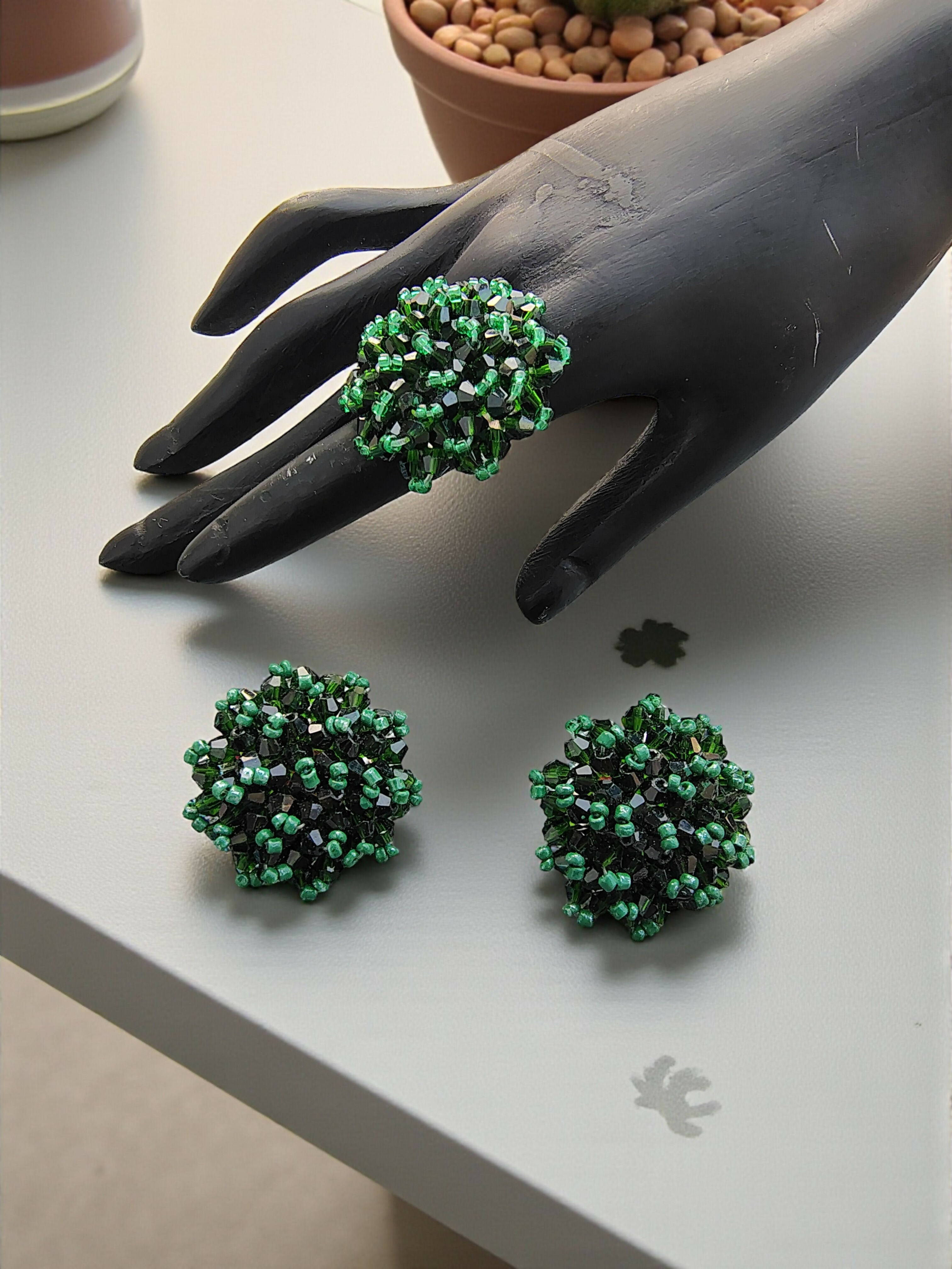 Inhanns Rangmani Crystal Duo – Adjustable Ring + Statement Earrings Set - Dark Green - Distacart