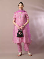 Myshka Women's Pink Printed Cotton Straight Party Kurta Set With Dupatta