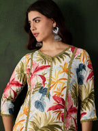 Sangria Floral Printed V-Neck Straight Kurta