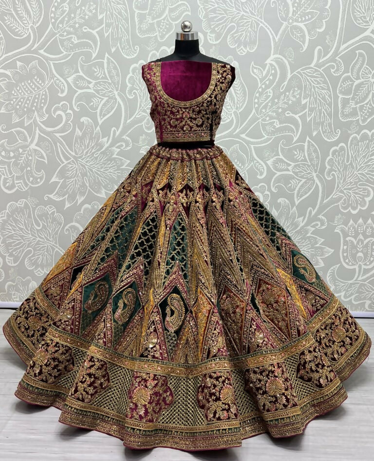 Jyoti Fashion Women's Multicolor Velvet Fancy Patch, Multi Thread Embroidered, Zircon Diamond, Sequins Work Wedding Lehenga Choli