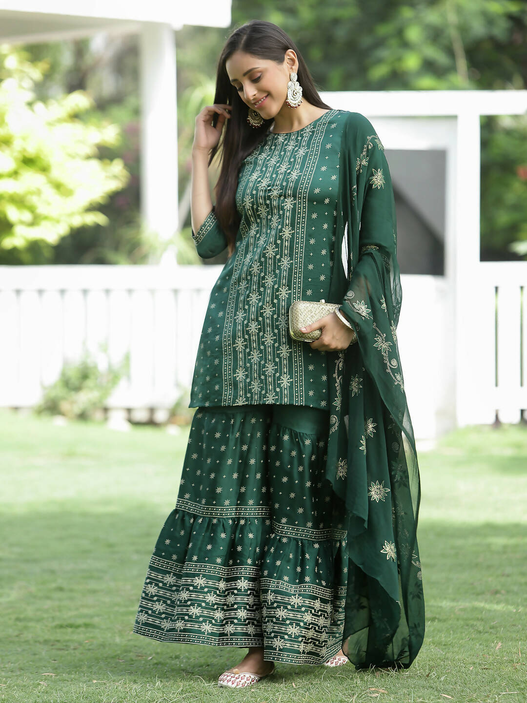 Juniper Green Mono Viscose Festive Wear Printed Straight Kurta Sharara Dupatta Set - Distacart