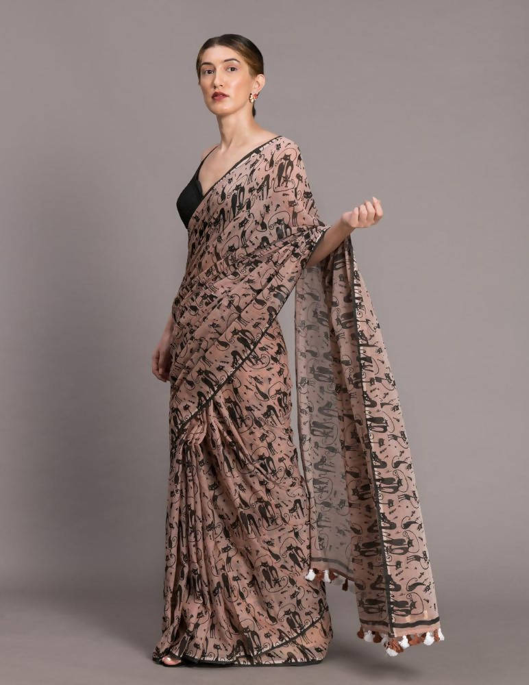 Suta Beige Black Pure Mul Cotton Printed Saree - Distacart