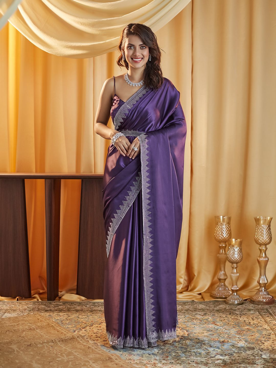 kasee Beads and Stones Satin Saree - Distacart