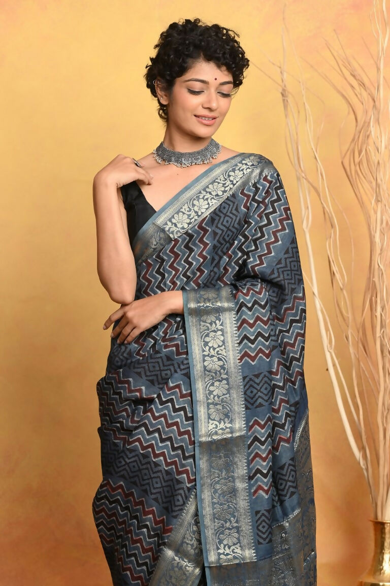 Very Much Indian Modal Silk Ajrakh Handblock Printed Natural Dyes With Designer Border Saree - Grey