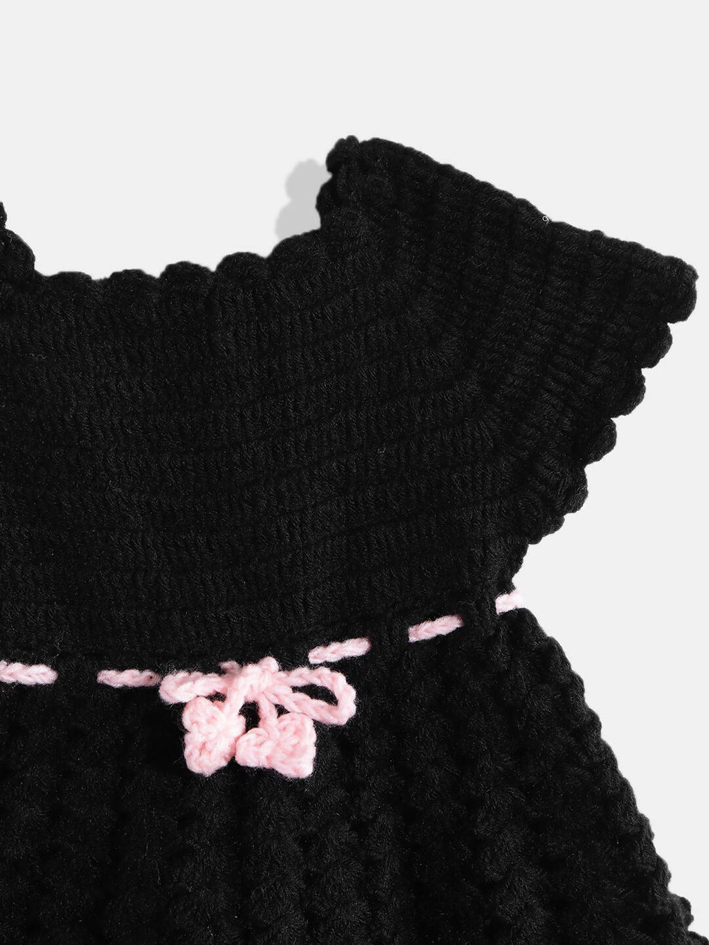 Chutput Kids Woollen Hand Knitted Full Sleeves Cardigan With Short Sleeves Flower Work Dress For Baby Girls - Pink