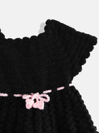 Chutput Kids Woollen Hand Knitted Full Sleeves Cardigan With Short Sleeves Flower Work Dress For Baby Girls - Pink