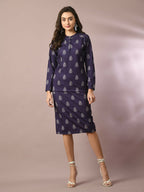 Myshka Women's Navy Blue Printed Round Neck Party Top With Skirt Co-ord set