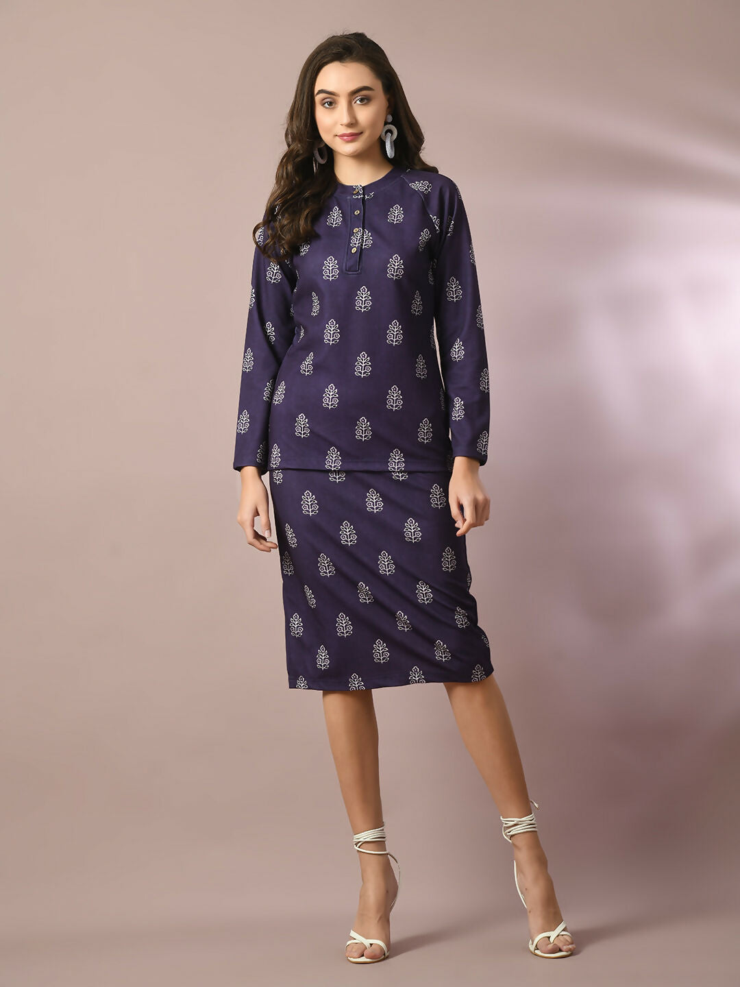 Myshka Women's Navy Blue Printed Round Neck Party Top With Skirt Co-ord set