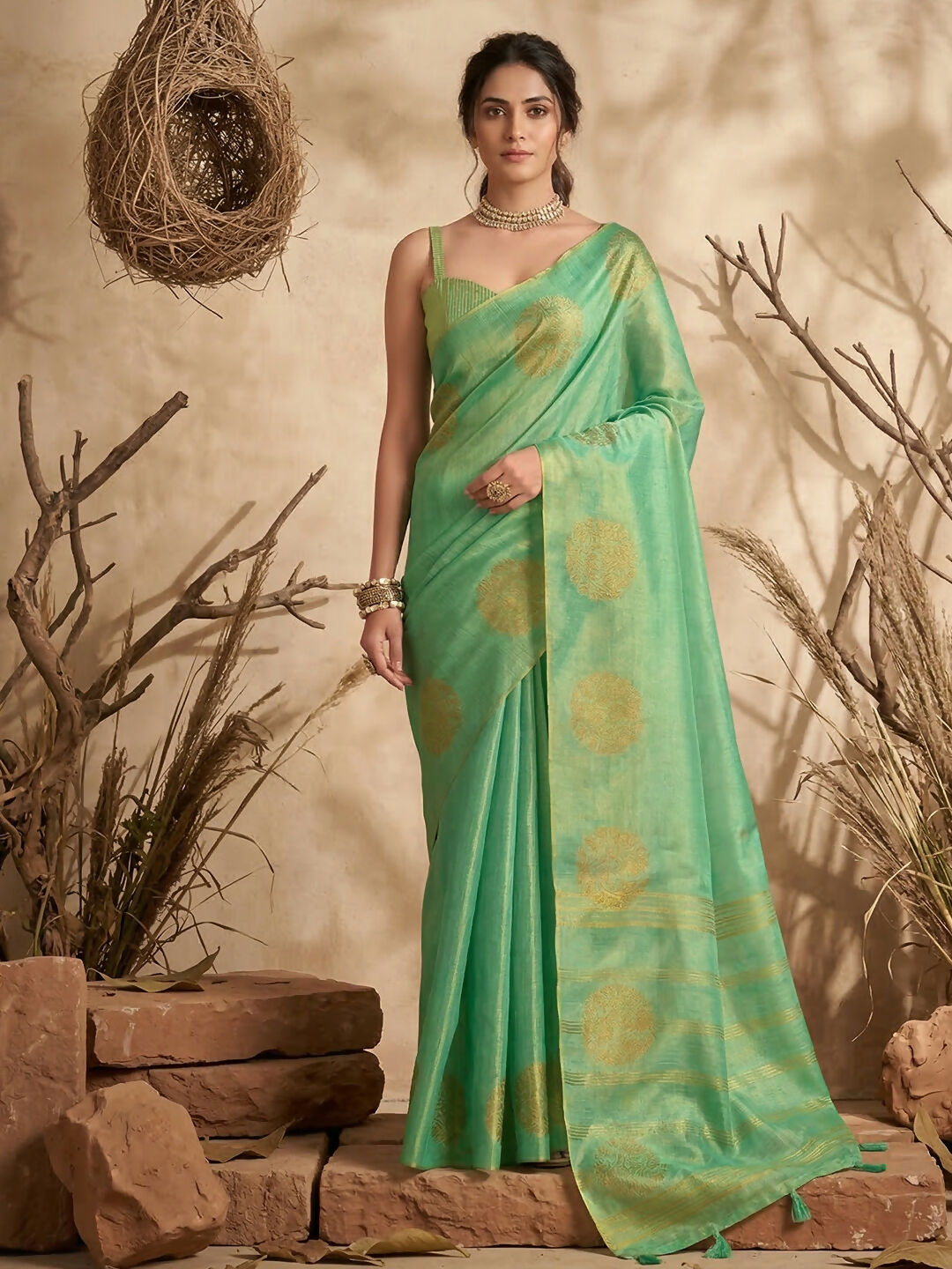 Shree Shyam Fashion Green Tissue Silk Saree - Distacart