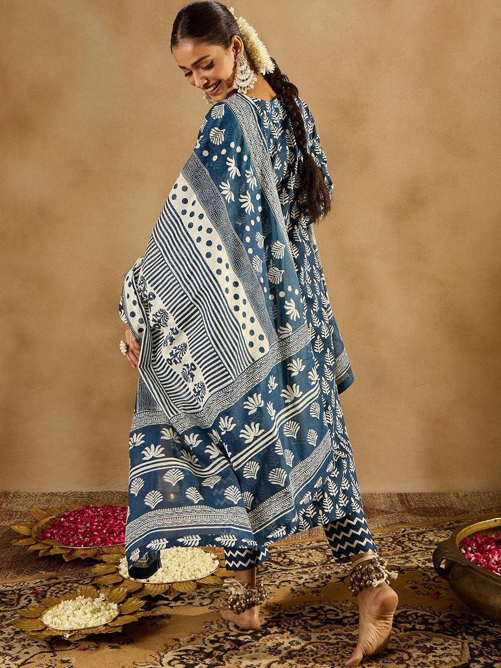Indo Era Ethnic Motifs Printed Thread Work Pure Cotton Kurta with Trousers & Dupatta - Distacart