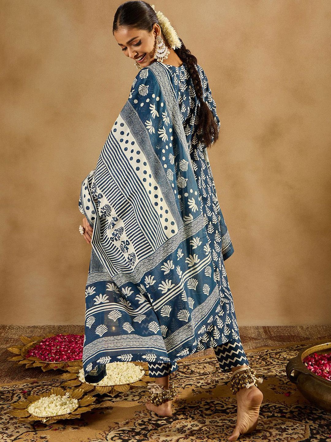 Indo Era Ethnic Motifs Printed Thread Work Pure Cotton Kurta with Trousers & Dupatta - Distacart