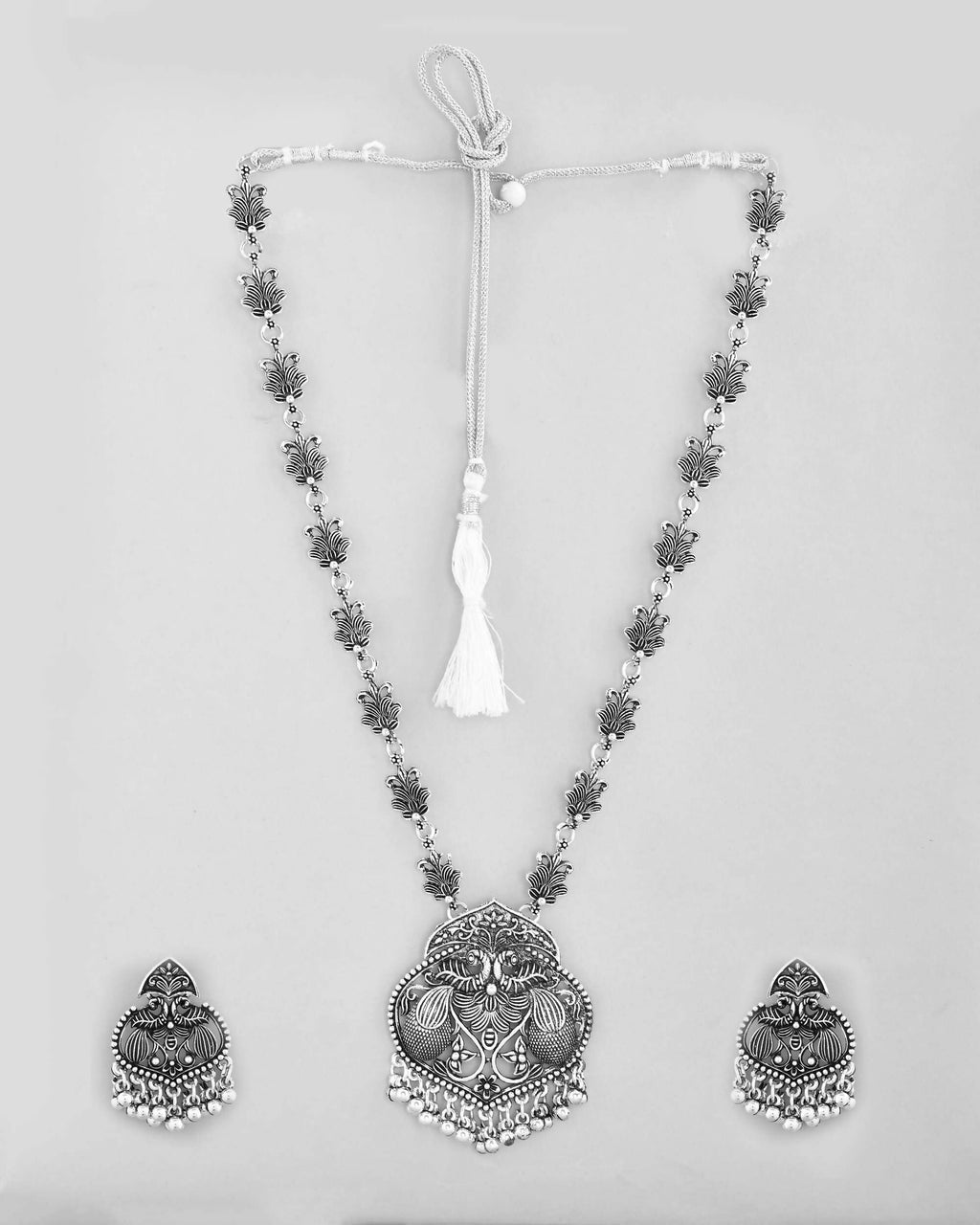 VOJ Silver Plated Oxidized Long Necklace with Earring Set