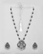 VOJ Silver Plated Oxidized Long Necklace with Earring Set