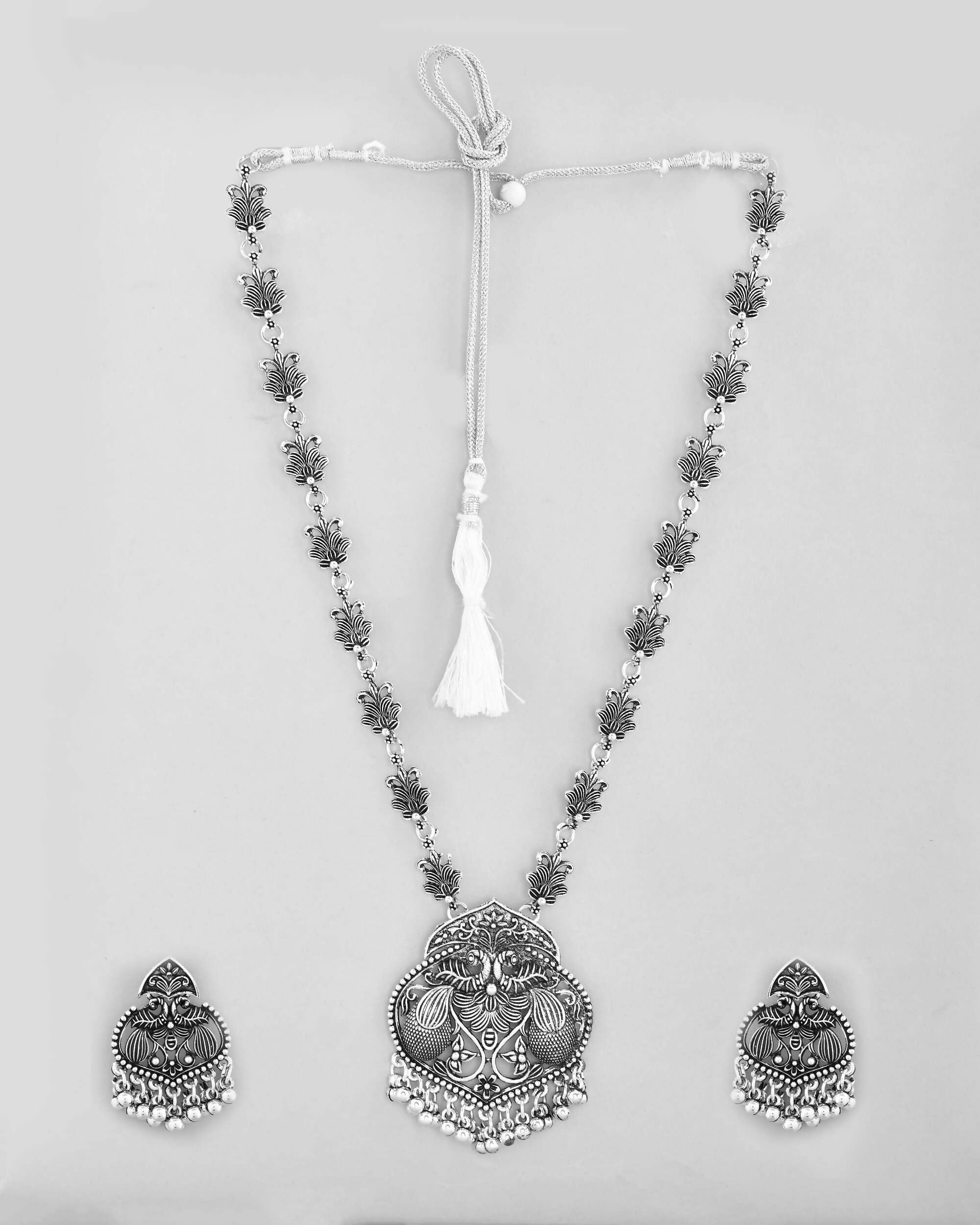 VOJ Silver Plated Oxidized Long Necklace with Earring Set