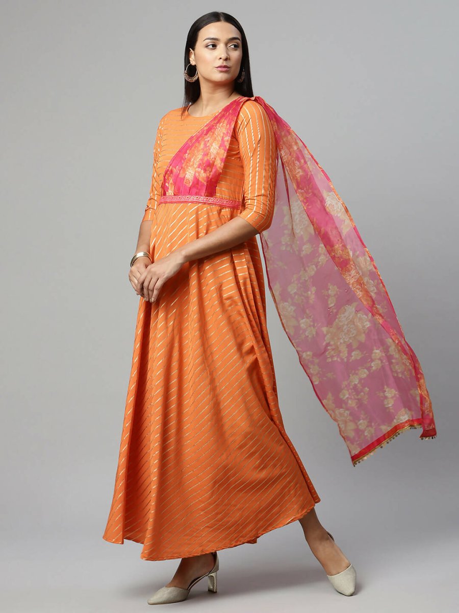 Ahalyaa Women's Orange Crepe Gold Print Dress - Distacart