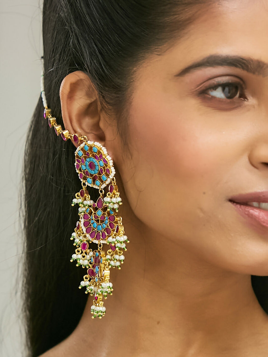 Nuyug 22K Gold-Plated Kundan Studded & Pearl Beaded Crescent Shaped Kanauti Earrings - Distacart
