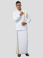 Ramraj Cotton Mens Poly Cotton 1" Gold Jari Dhoti With Towel Set - White