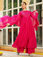 Janasya Pink Georgette Foil Print Kurta,Bottom & Dupatta