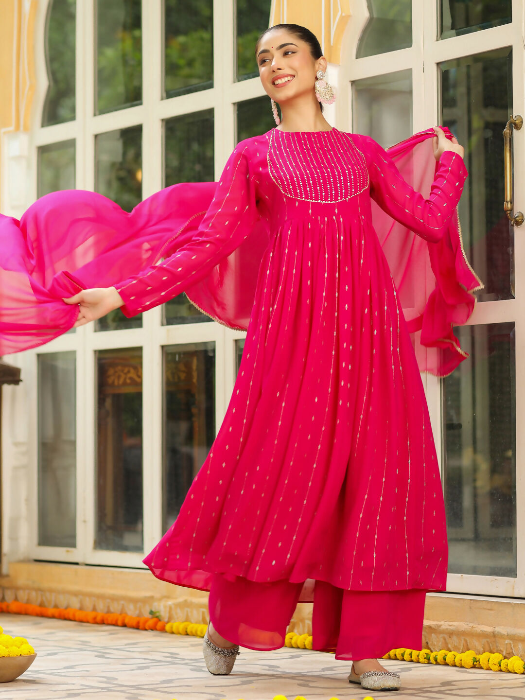 Janasya Pink Georgette Foil Print Kurta,Bottom & Dupatta