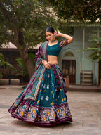 Vastranavya Patola Printed and Foil Work Tussar Silk Lehenga with Unstitched Blouse - Teal