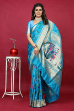 Jyoti Fashion Women's Sky Blue Paithani Silk Zari Woven Saree with Blouse