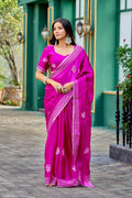 Vastranavya Pink Embroidery Work Shimmer Chiffon Saree with Unstitched Blouse - Distacart