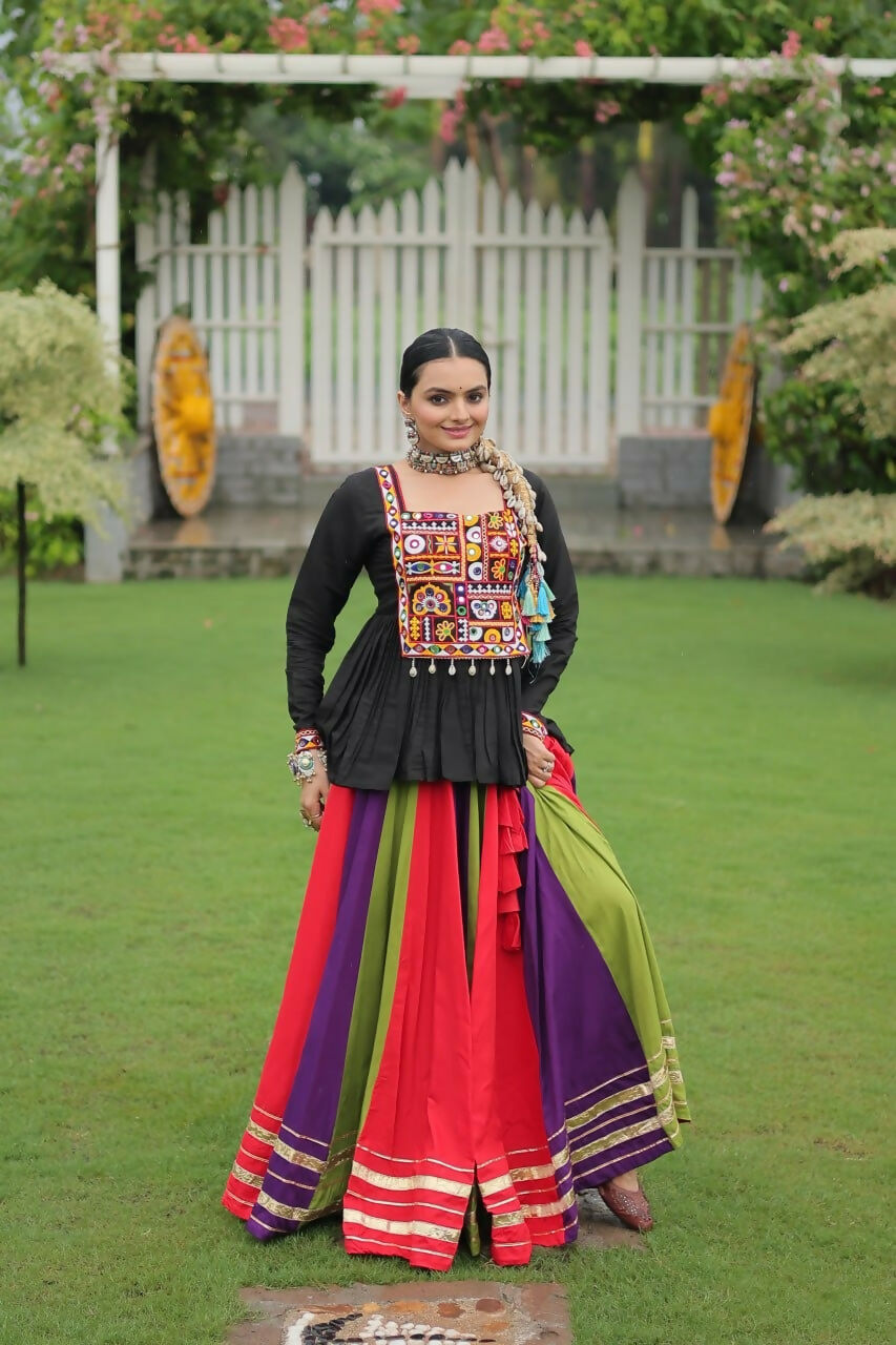 Teeya Creation Multi Colour Reyon Silk Gamathi Work Navratri lehenga Choli